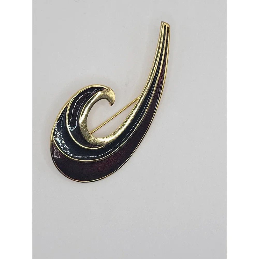 Vintage Gold Tone Abstract Swirl Brooch Burgundy Red‎ Black Enamel Wave Pin